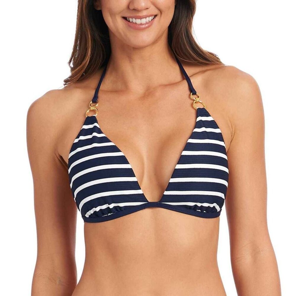 La Blanca Capri Stripe Halter Bikini Top Size 10 Indigo/White